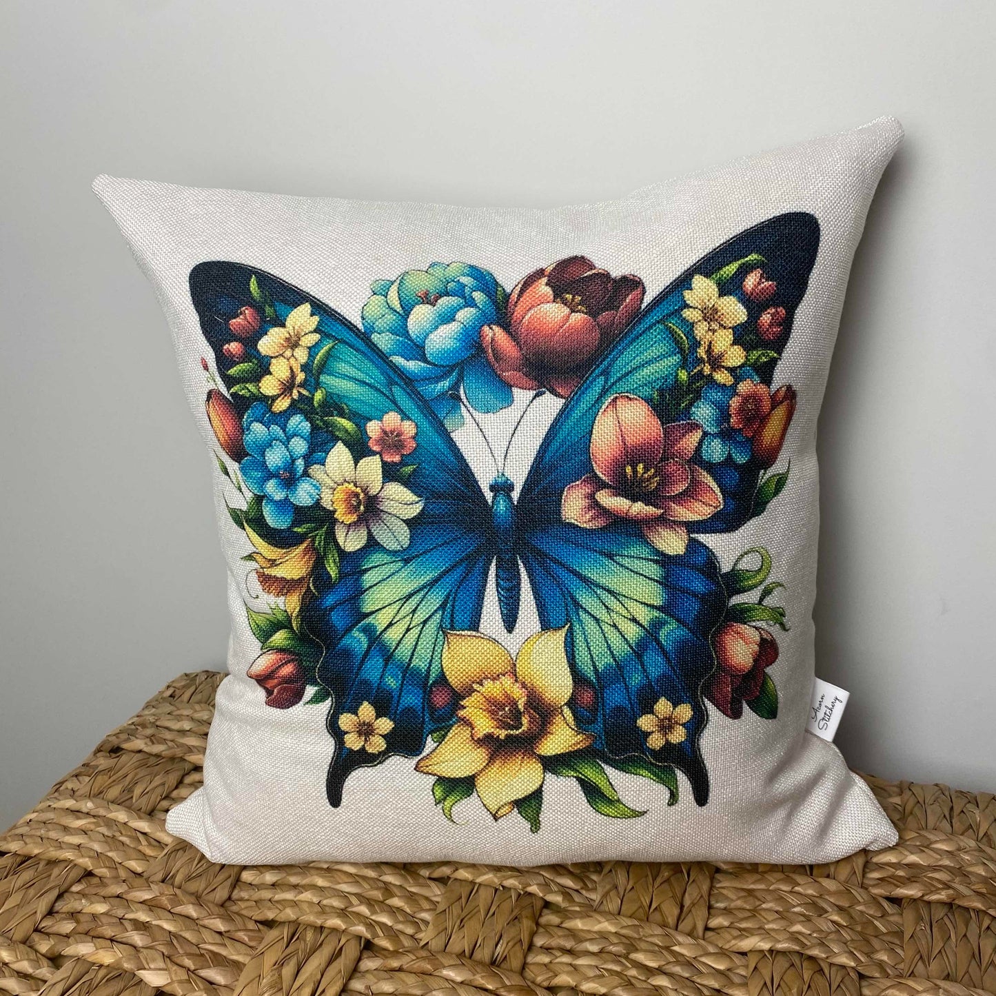 Butterfly With Flowers pillow 18" x 18"