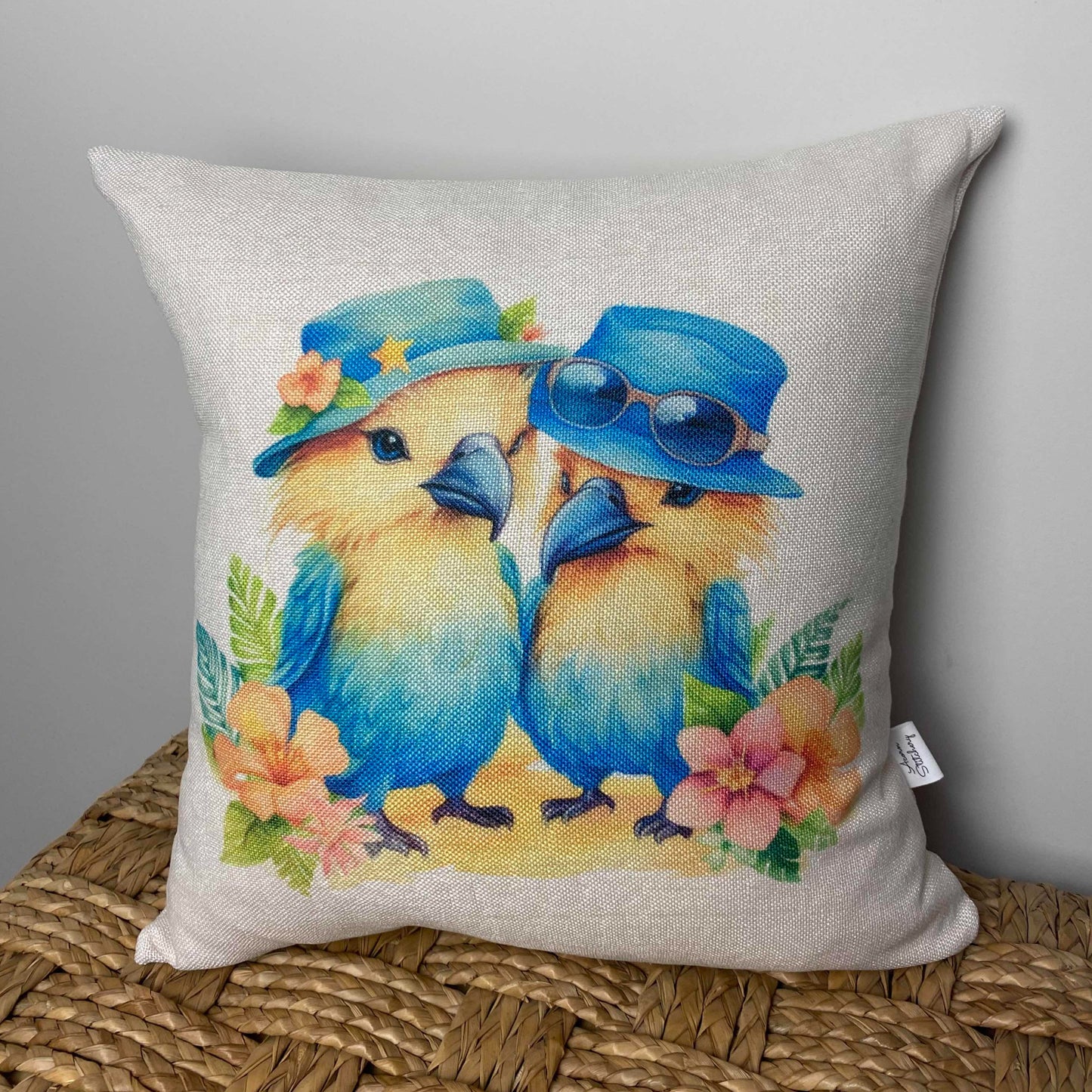Bird Couple On Vacation pillow 18" x 18"