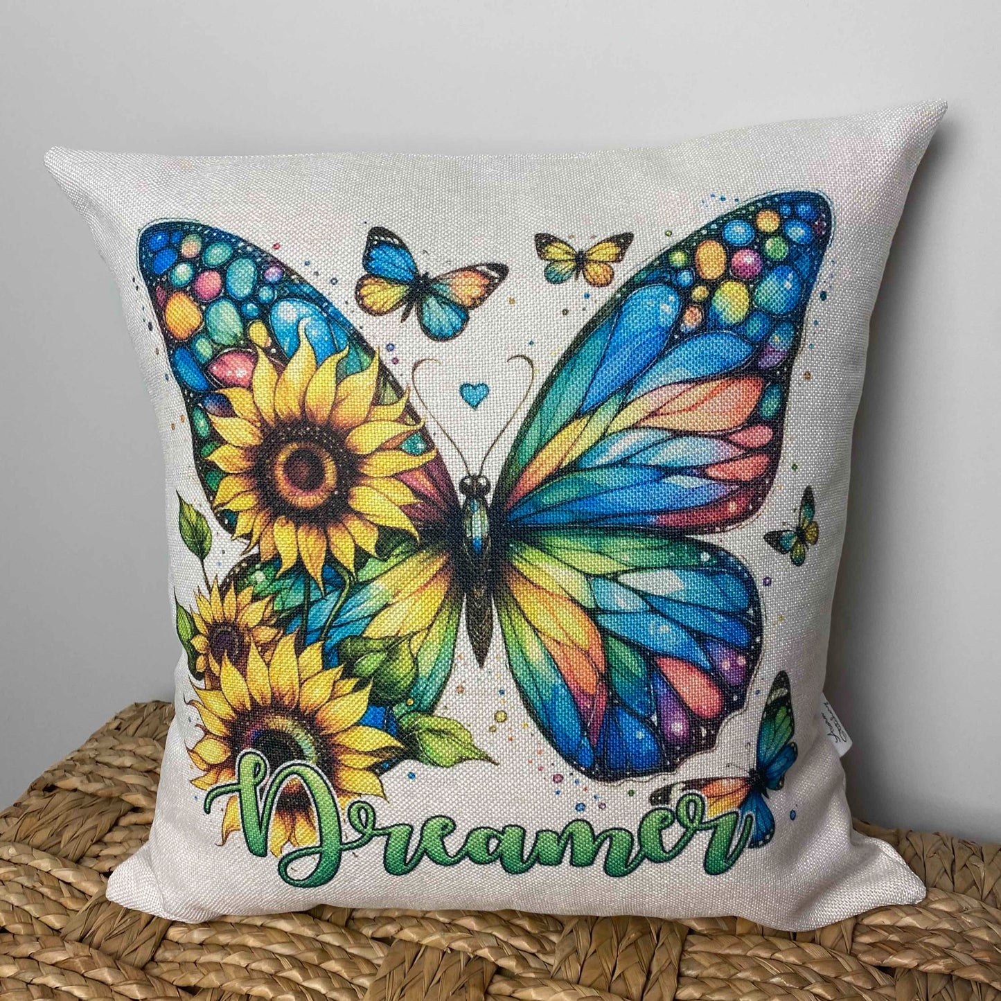 pillow with a colourful butterfly and the word dreamer