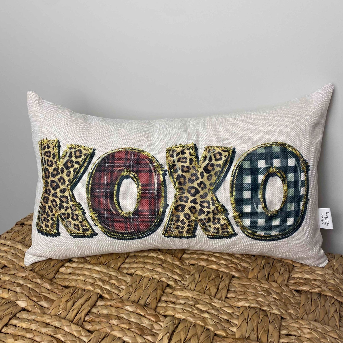 hugs and kisses pillow with leopard print letters xoxo